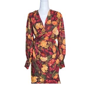 Women's Burgundy Floral Wrap Midi Dress‎ Long Sleeve Ruffle Hem